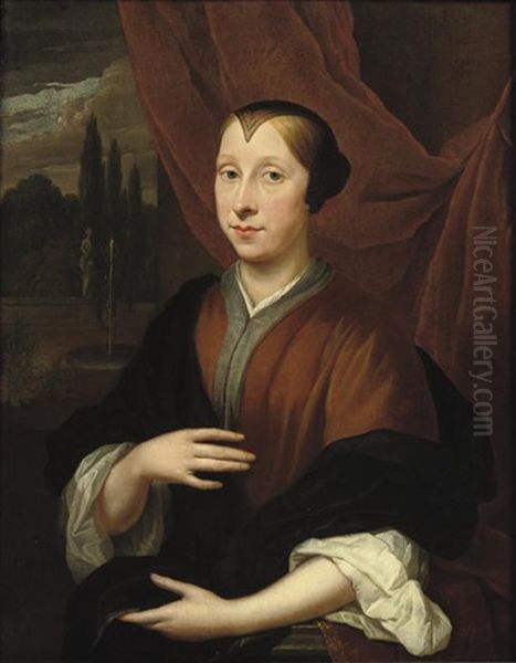 Portrait Of A Lady, In A Brown Dress, A Classical Garden Beyond - view 1