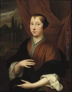 Portrait Of A Lady, In A Brown Dress, A Classical Garden Beyond