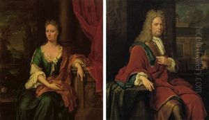 Portrait Of Juliaan Van Groenewegen Seated In An Ochre Costume, A Chemise With A White Jabot And A Red Wrap, A Country House In The Background (+ Portrait Of Johanna Van Groenewegen-staal; Pair) by Thomas van der Wilt