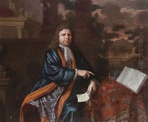 Portrait Of Francois Michel Le Telier, Marquis De Louvois, Seated Three-quarter-length, In A Blue Silk Coat, Holding A Plan Of A Military Fortification Before A Colonnade, A Park Landscape Beyond
