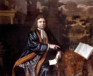 Portrait Of Francois Michel Le Tellier, Marquis De Louvois, In A Blue Silk Coat, Holding A Plan Of A Military Fortification Before A Colonnade, A Park Landscape Beyond