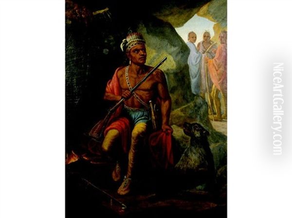 Portrait Of An American Indian Seated In A Cave By A Fire, Three Distant Figures - view 1