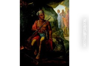 Portrait Of An American Indian Seated In A Cave By A Fire, Three Distant Figures by Charles Wimar
