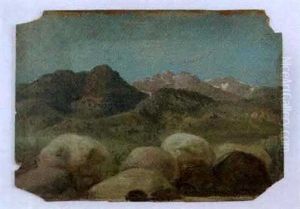 Rugged Landscape With Distant Snow-capped Mountain Peaks by Charles Wimar