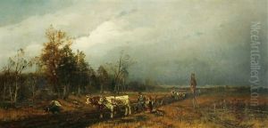 Bauer Mit Pflug Und Ochsen Beim Bestellen Des Ackers by Konrad Wimmer