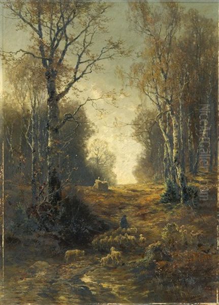 Hirte Mit Schafen Im Birkenwald - view 1