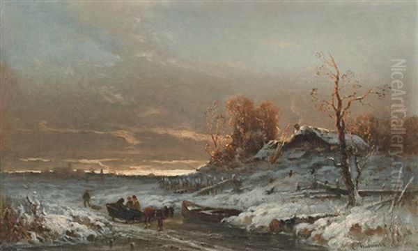 Winterlandschaft Mit Bauernhaus Und Pferdeschlitten - view 1