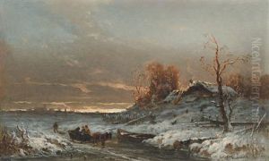 Winterlandschaft Mit Bauernhaus Und Pferdeschlitten