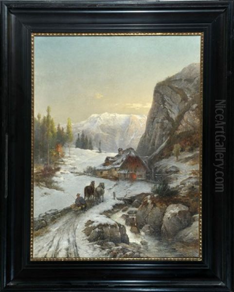 Heimkehrender Bauer Mit Pferdeschlitten Im Verschneiten Gebirge Mit Wildbach - view 1
