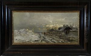 Winterabend - Ein Schafer Treibt Seine Herde Die Dorfstrase Entlang by Konrad Wimmer