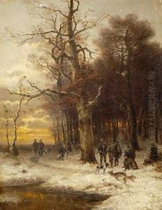 Jager Mit Jagdhunden Und Erlegtem Wild In Winterlandschaft