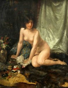 Weiblicher Akt Auf Einem Fell Mit Blumenstrauss Und Schmuckschatulle by Rudolf Wimmer