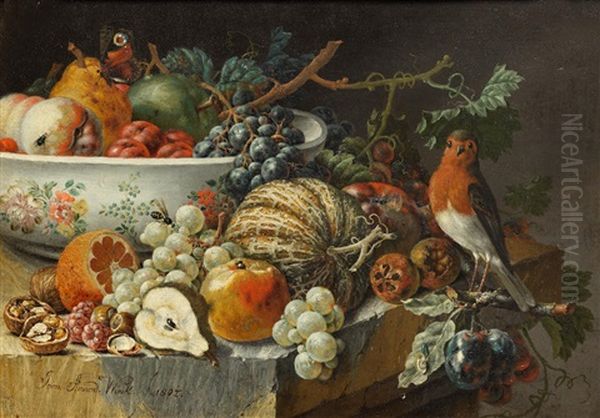 Peaches, Pears, An Apple, Plums And Grapes In A Porcelain Bowl With Other Fruit On A Stone Ledge With A Robin And Various Insects; And Apples, Grapes, Pears And Strawberries In A Porcelain Bowl And Other Fruit On A Stone Ledge With A Goldfinch And Various - view 1