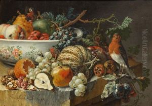 Peaches, Pears, An Apple, Plums And Grapes In A Porcelain Bowl With Other Fruit On A Stone Ledge With A Robin And Various Insects; And Apples, Grapes, Pears And Strawberries In A Porcelain Bowl And Other Fruit On A Stone Ledge With A Goldfinch And Various by Johann Amandus Winck