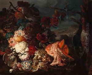 An Opulent Floral Still Life With Game Birds And Fruit, With A Landscape Beyond by Johann Amandus Winck