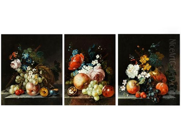 Satz Von Drei Blumen- Und Fruchtestillleben - view 1