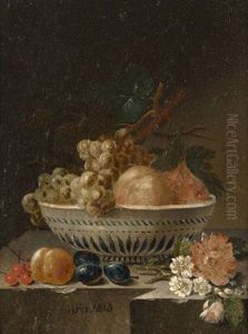 Compositions Aux Coupes De Fruits Et Fleurs Sur Un Entablement (pair)