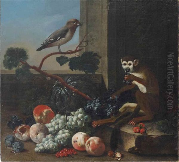 Plums, Peaches, White And Black Grapes, A Pumpkin, Together With A Monkey On A Stone Terrace And A Goldfinch Seated On A Grape Vine - view 1