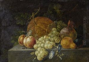 A Melon, Grapes, Peaches And Other Fruit On A Stone Ledge With Morning Glory And Various Insects; And A Melon, Grapes, A Lemon And Various Fruit On A Stone Ledge With Jasmine And Various Insects (2 Works)