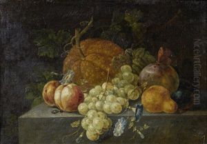 A Melon, Grapes, Peaches And Other Fruit On A Stone Ledge With Morning Glory And Various Insects; And A Melon, Grapes, A Lemon And Various Fruit On A Stone Ledge With Jasmine And Various Insects by Johann Amandus Winck