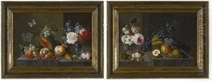 Flowers And Fruit On A Stone Ledge With Butterflies And Mice: A Pair Of Still Lifes