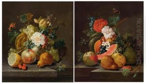 Pair Of Works: Still Life Of Fruits And Flowers On A Plinth