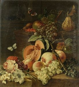 A Melon, Peaches And Grapes On A Stone Ledge With Snails; And A Split Melon, Peaches, Grapes And Various Flowers On A Stone Ledge (pair) by Johann Amandus Winck