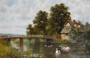Swans On A River Before A Thatched Cottage