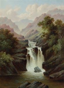 A Waterfall In A Mountain Landscape (+ A Figure By A Lake In A Mountain Landscape; Pair)