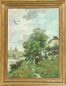 Idyll Am Isarufer, Im Hintergrund Die Alte Maximilianbrucke In Munchen by Anton Windmaier the Elder
