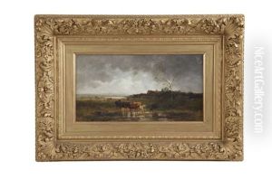 Cattle Watering In An Extensive Landscape With Storm Clouds by Anton Windmaier the Elder
