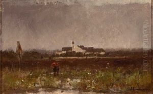 Unter Einem Roten Regenschirm Spazierendes Paar