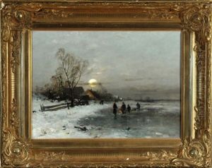 Dorf In Weiter Winterlandschaft Mit Personen Auf Dem Eis by Anton Windmaier the Elder