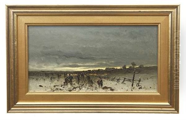 Figures In The Snow By A Village - view 1