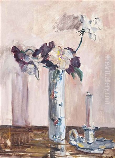 Sweet Peas In A Vase, With A Candlestick - view 1