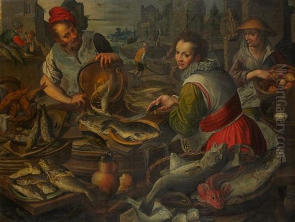 Marche Aux Poissons Ou L'eau, Marche Aux Volailles Ou L'air, Scene De Cuisine Avec Poulets Rotis, Poissons, Fruits Et Legumes Ou Le Feu, Marche Aux Fruits Et Legumes Ou La Terre (set Of 4) - view 1