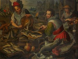 Marche Aux Poissons Ou L'eau, Marche Aux Volailles Ou L'air, Scene De Cuisine Avec Poulets Rotis, Poissons, Fruits Et Legumes Ou Le Feu, Marche Aux Fruits Et Legumes Ou La Terre (set Of 4)