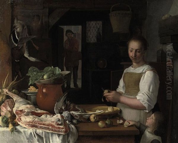A Kitchen Interior With A Maid And A Child Peeling Apples - view 1