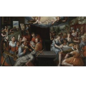 The Glorification Of Art And Diligence And The Punishment Of Gluttony And Earthly Pleasures by Jeremias van Winghe
