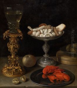 A Roemer On A Silver-gilt Bekerschroef, Sweetmeats In A Silver Tazza, Langoustines On A Plate, Walnuts And An Apple On A Table Top