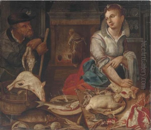 A Kitchen Interior With A Maid Preparing Poultry And Fish And A Gamesman Carrying A Dead Birds - view 1