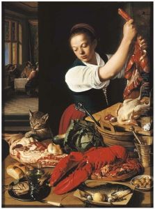 A Kitchen Interior With A Maid Preparing Meat And Gentlemen Drinking At A Table Beyond by Jeremias van Winghe