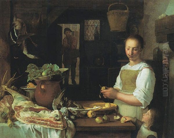 A Kitchen Scene With A Maid And A Young Child Peeling Apples - view 1