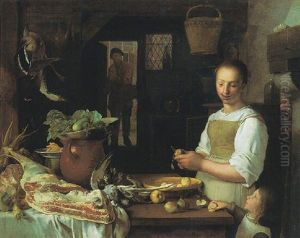 A Kitchen Scene With A Maid And A Young Child Peeling Apples