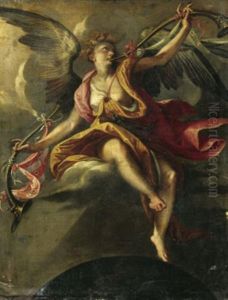 Fama Auf Dem Globus Halt In Der Einen Hand Das Schwarze Blechhorn Ubelruf, In Der Anderen Die Goldtrompete Lobeklar by Joos van Winghe