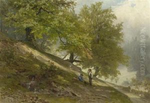 Zwei Wanderer In Waldlandschaft by Olof Winkler
