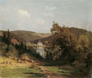 Flusslandschaft, Im Vordergrund Bauern Bei Der Heuernte by Olof Winkler