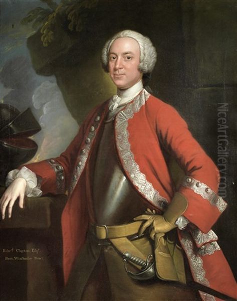 Portrait Of Edward Clayton, Three-quarter-length, In A Red Coat And Breastplate, Standing Beside His Helmet In A Landscape - view 1