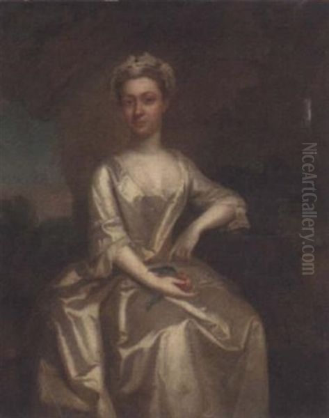 Portrait Of A Lady In A White Silk Dress And White Cap, Holding A Peach In A Landscape - view 1
