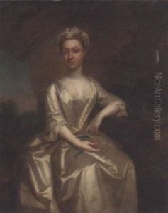 Portrait Of A Lady In A White Silk Dress And White Cap, Holding A Peach In A Landscape